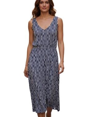 GAP Navy and White Geometric V-Neck Midi Dress